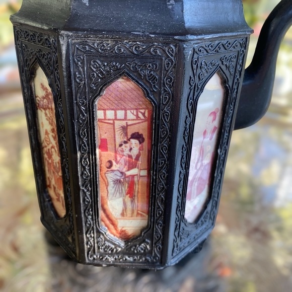 Vintage Chinese Shantou Teapot Pewter Metal Reverse Glass Painted Panels Black - Picture 13 of 16